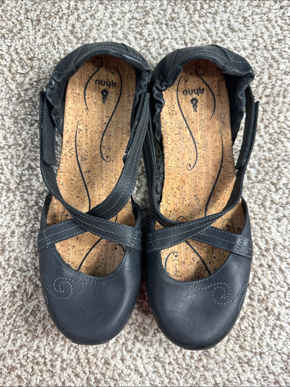 Ahnu Black Leather Cross-Strap Flats